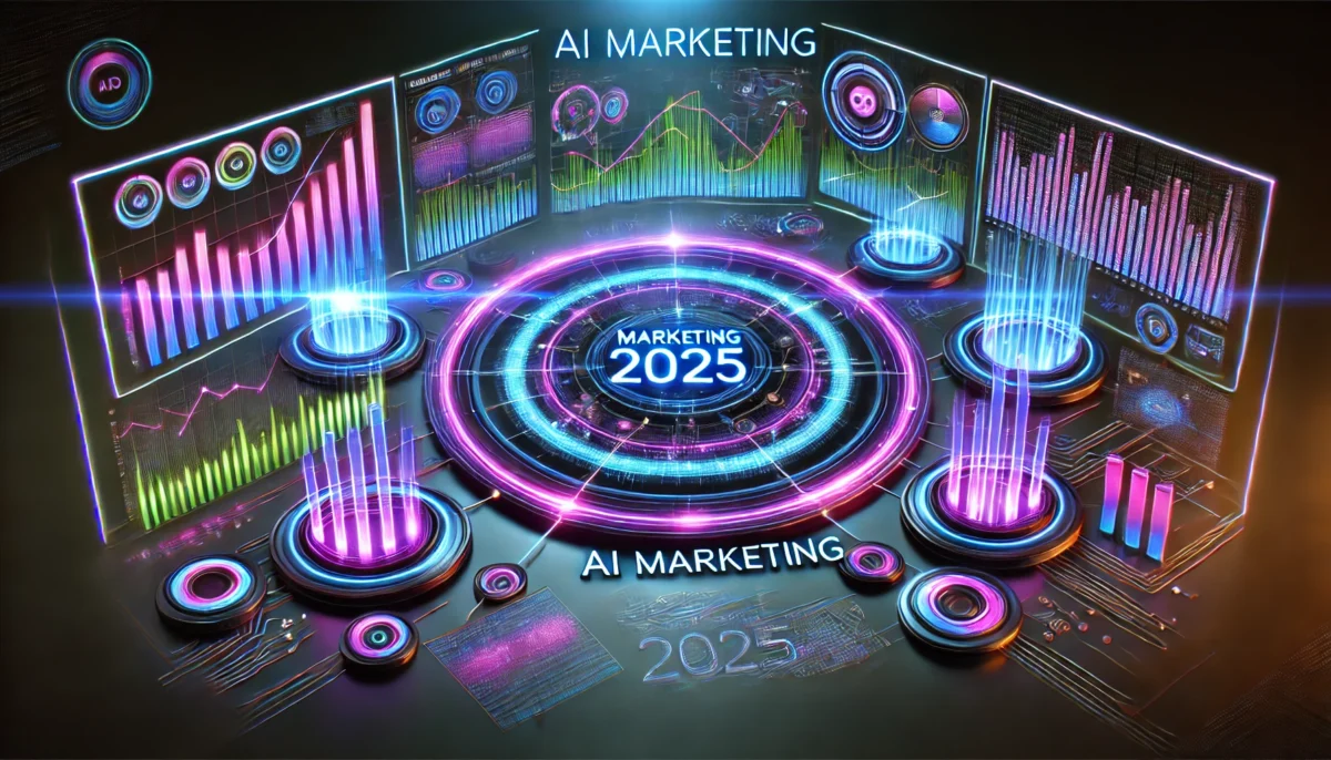 A Futuristic, High Tech Marketing Dashboard Glowing Against A Dark Background. The Dashboard Features Vibrant Neon Graphs And Charts In Blues, Purples