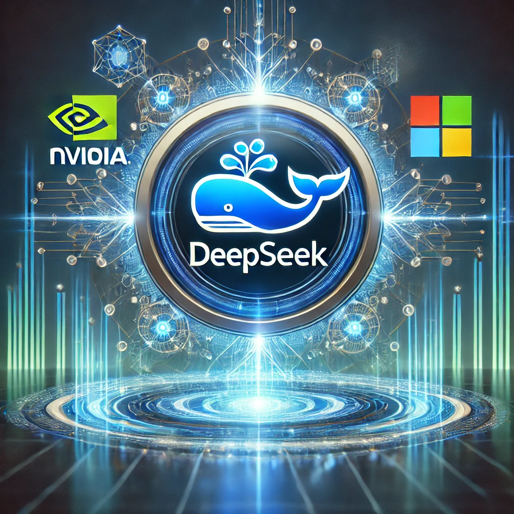 Dall·e 2025 01 27 18.08.22 A Sleek And Modern Ai Themed Concept Image Featuring The Deepseek Logo Prominently In The Center, Using The Blue Whale Logo Provided. Surround It With