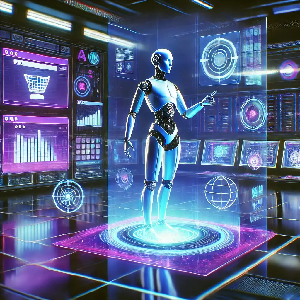 A Futuristic Digital Interface With Holographic Screens Displaying An Ai Agent In Action, Interacting With A Modern Web Browser. The Scene Is Vibrant