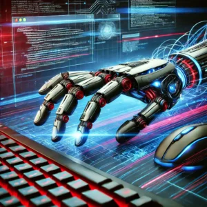 A Dynamic Digital Art Scene Featuring A Robotic Hand Using A Computer Mouse And Keyboard, With Multiple Browser Windows And Data Streams In The Backgr