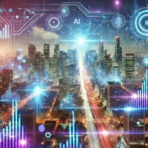 An Uplifting Futuristic Cityscape With Glowing Digital Networks, Progress Graphs, And Dynamic Ai Elements Overlaying The Skyline. The Composition Is B