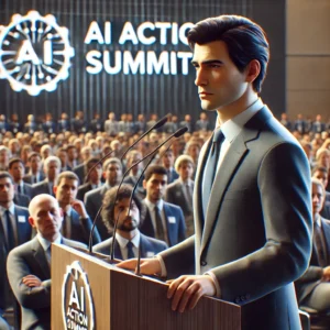 A Scene Depicting A Man Resembling The President Of France Speaking At A Podium With The Logo 'ai Action Summit' Visible In The Background. The Settin